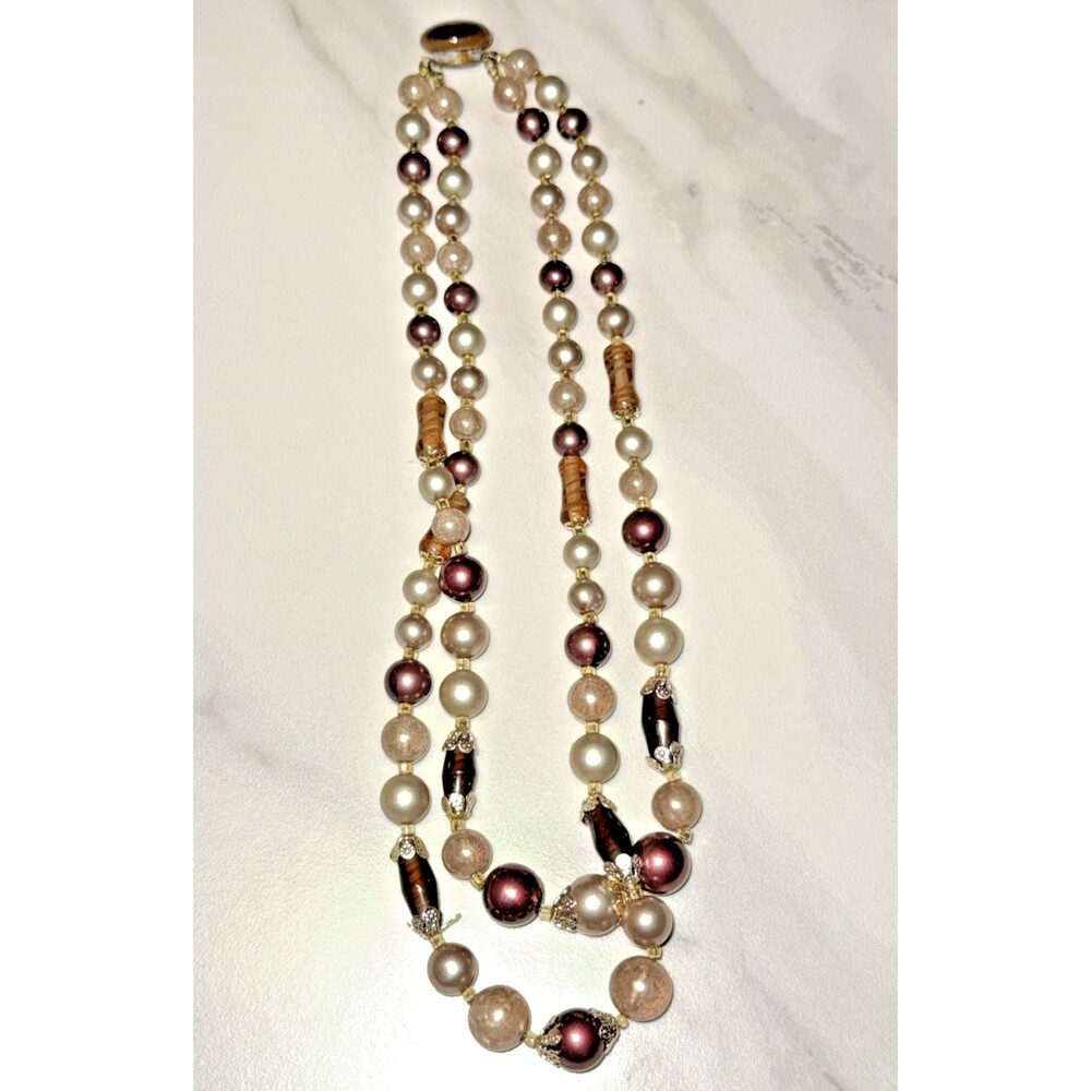 Vintage Faux Pearl Beaded Necklaces Brown Purple Cream Unmarked Layered